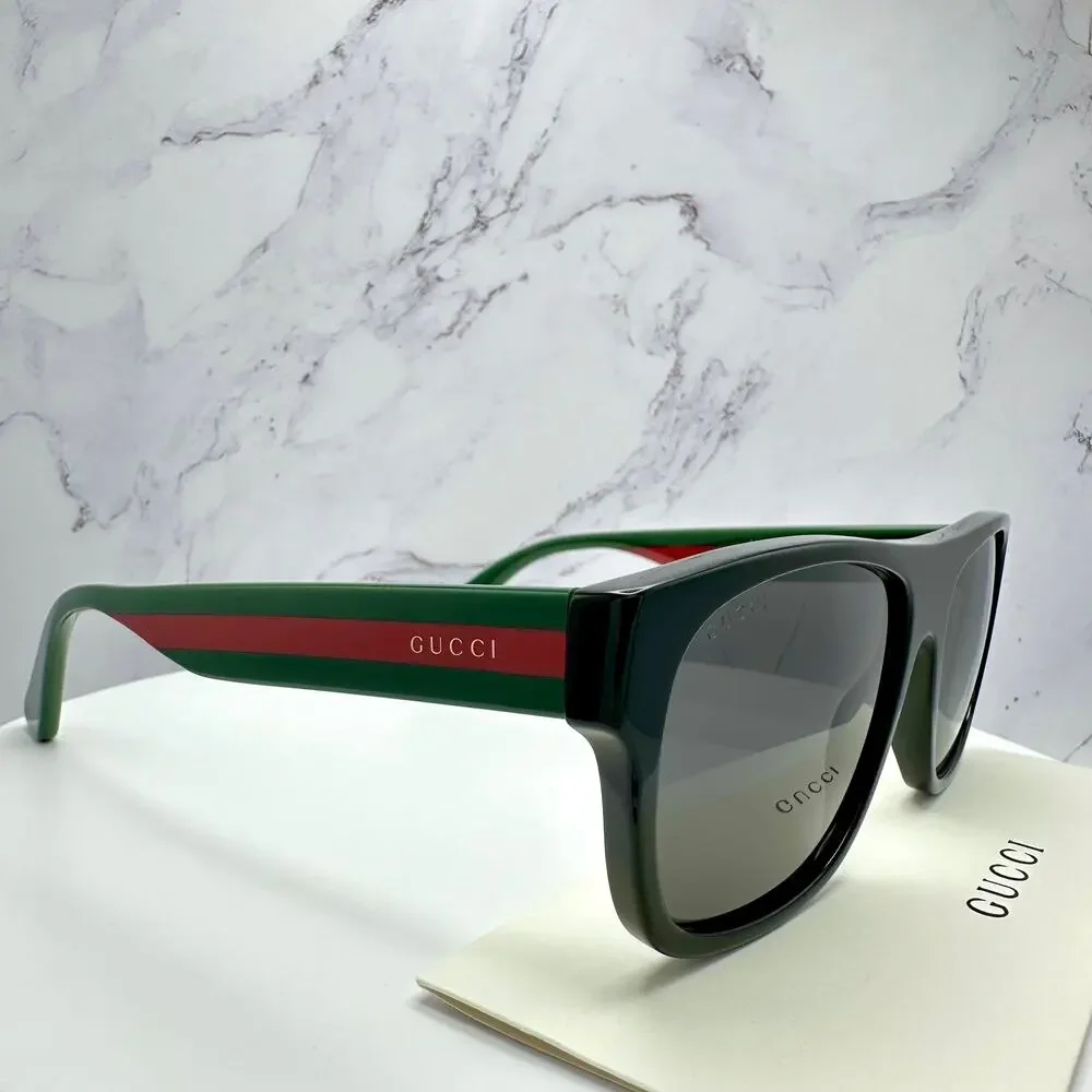 New Gucci Sunglasses Polarized Black Square Red Green Web Arms 56mm Gray Lens